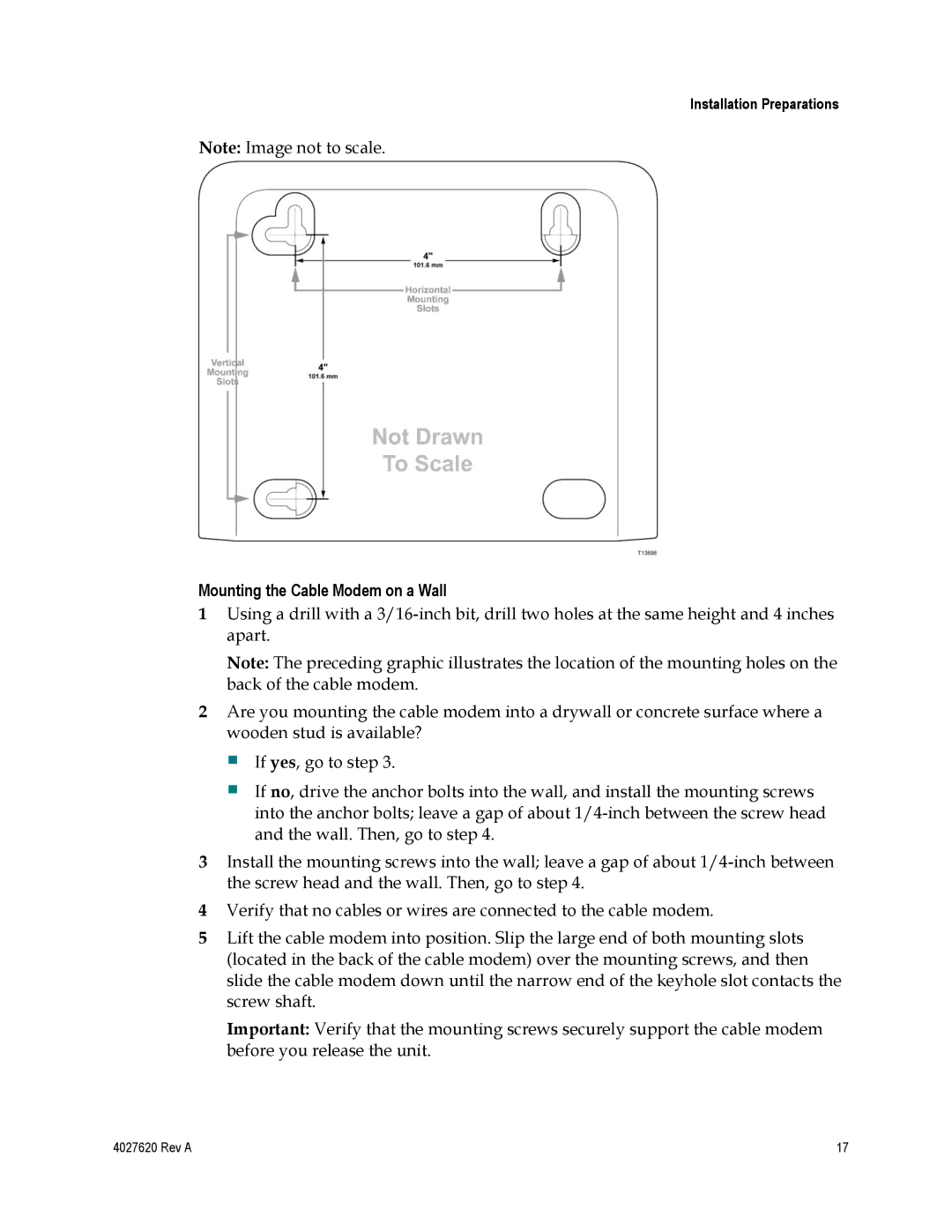 Cisco Systems DPC3208, EPC3208 manual Mounting the Cable Modem on a Wall 