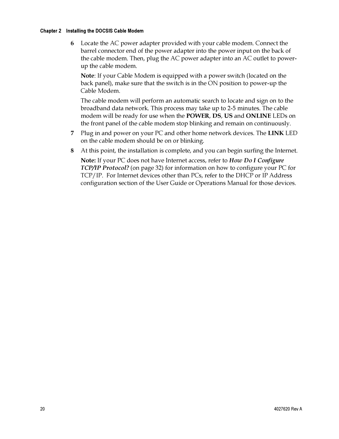 Cisco Systems EPC3208, DPC3208 manual Installing the Docsis Cable Modem 