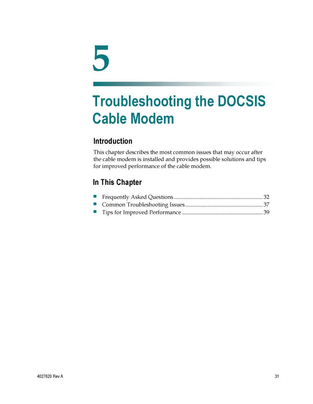 Cisco Systems DPC3208, EPC3208 manual Troubleshooting the Docsis Cable Modem 