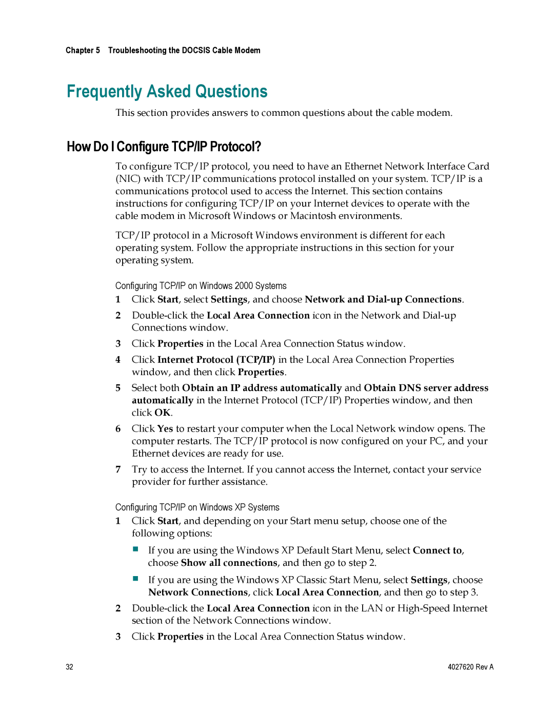 Cisco Systems EPC3208, DPC3208 manual Frequently Asked Questions, How Do I Configure TCP/IP Protocol? 