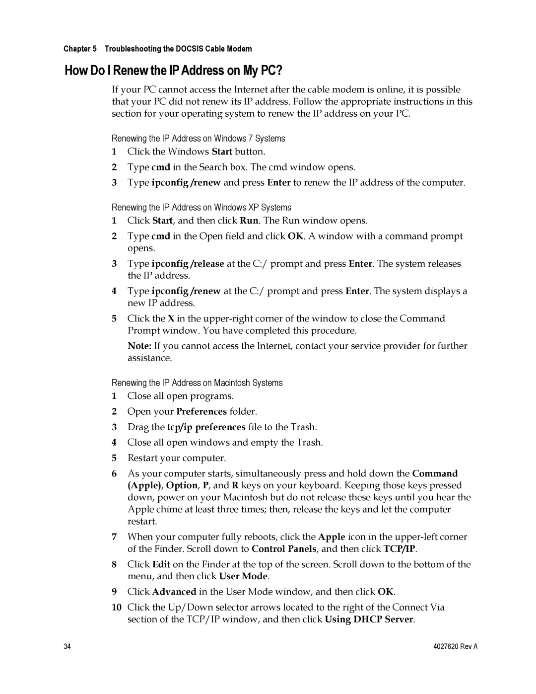 Cisco Systems EPC3208, DPC3208 manual How Do I Renew the IP Address on My PC? 