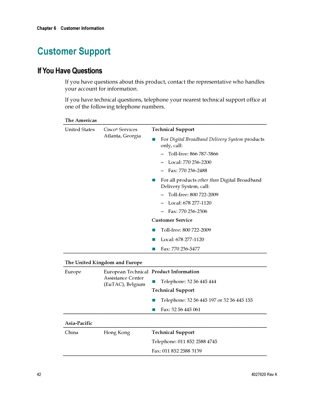 Cisco Systems EPC3208, DPC3208 manual Customer Support, If You Have Questions 