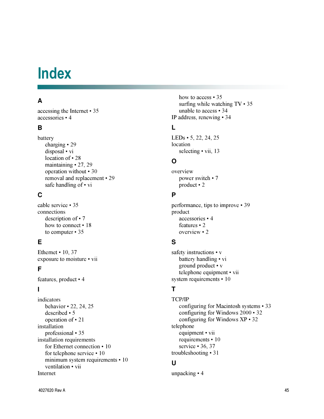 Cisco Systems DPC3208, EPC3208 manual Index 