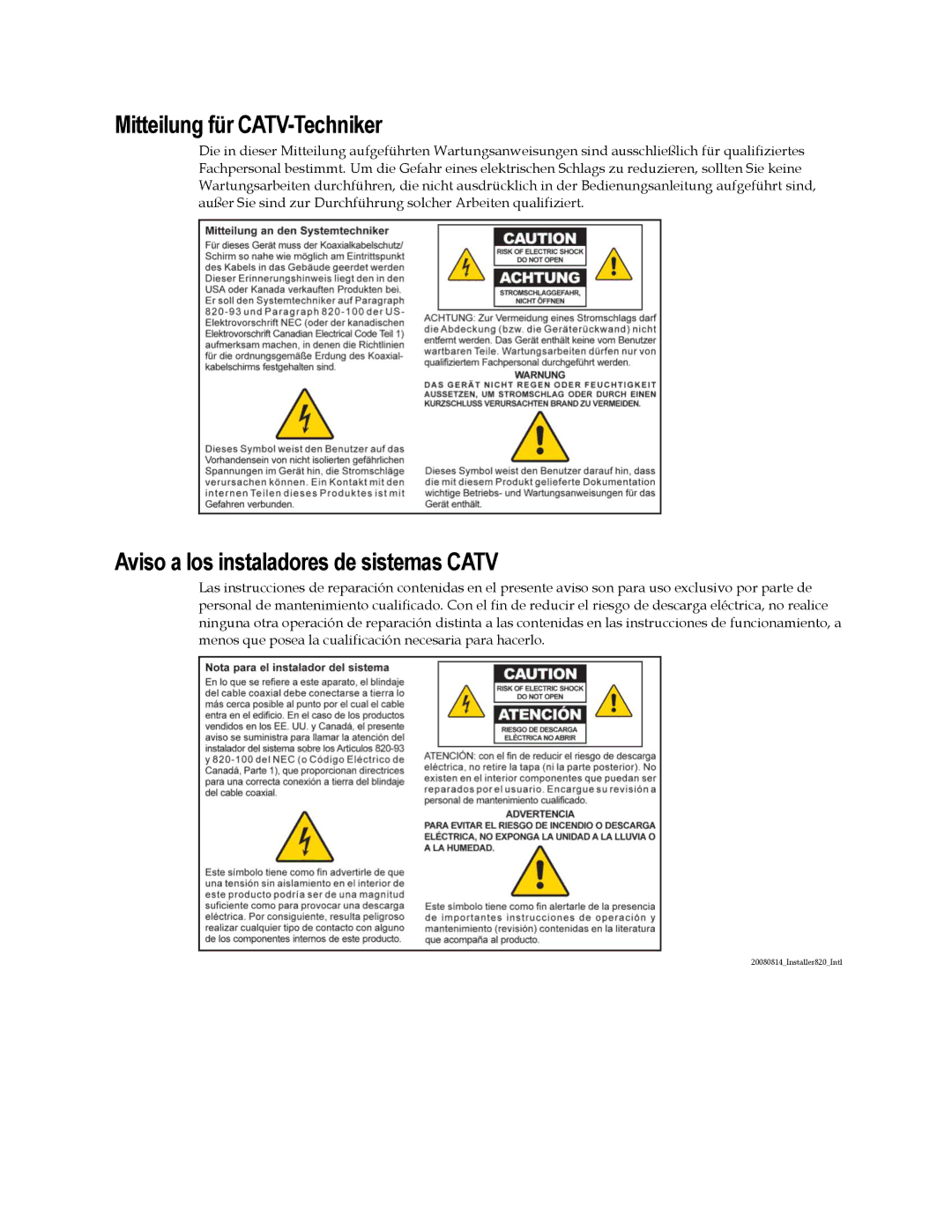 Cisco Systems DPC3208, EPC3208 manual Mitteilung für CATV-Techniker, Aviso a los instaladores de sistemas Catv 