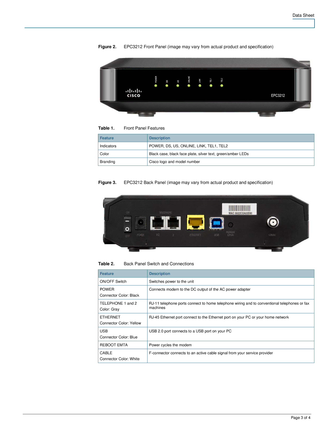 Cisco Systems EPC3212 specifications Back Panel Switch and Connections, Feature Description 