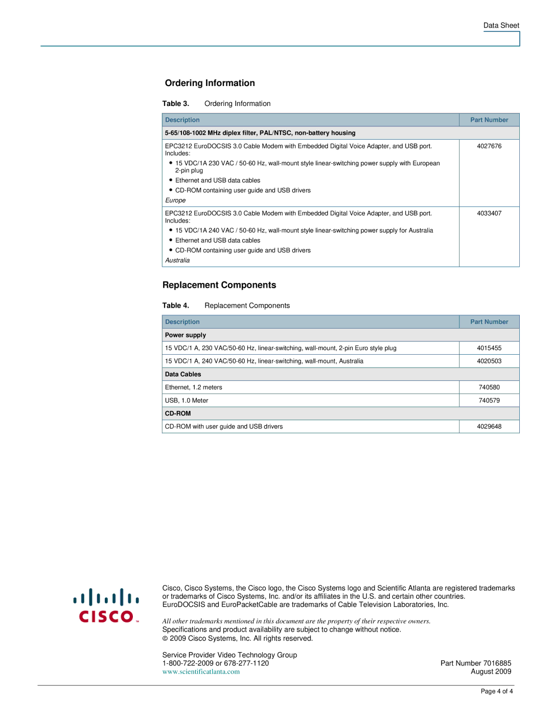 Cisco Systems EPC3212 specifications Ordering Information, Replacement Components, Description Part Number 