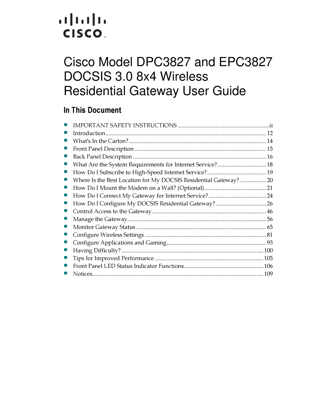 Cisco Systems DPC3827, EPC3827, 4039760 important safety instructions This Document, Important Safety Instructions 