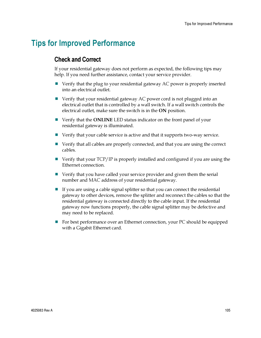 Cisco Systems EPC3827, DPC3827, 4039760 important safety instructions Tips for Improved Performance, Check and Correct 