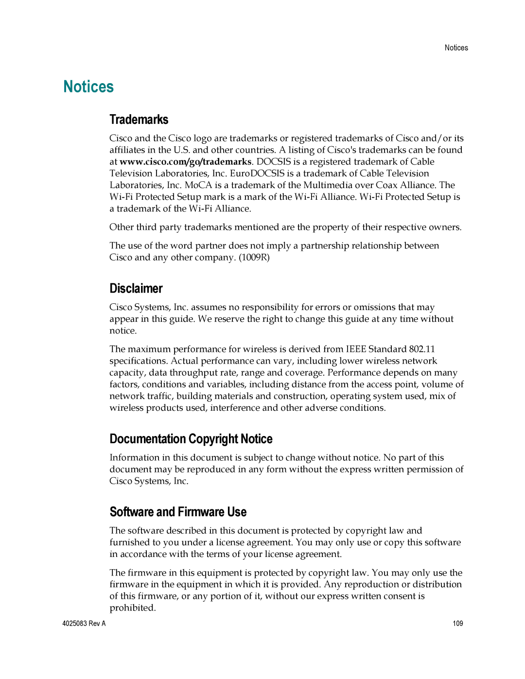 Cisco Systems DPC3827, EPC3827, 4039760 Trademarks, Disclaimer, Documentation Copyright Notice, Software and Firmware Use 