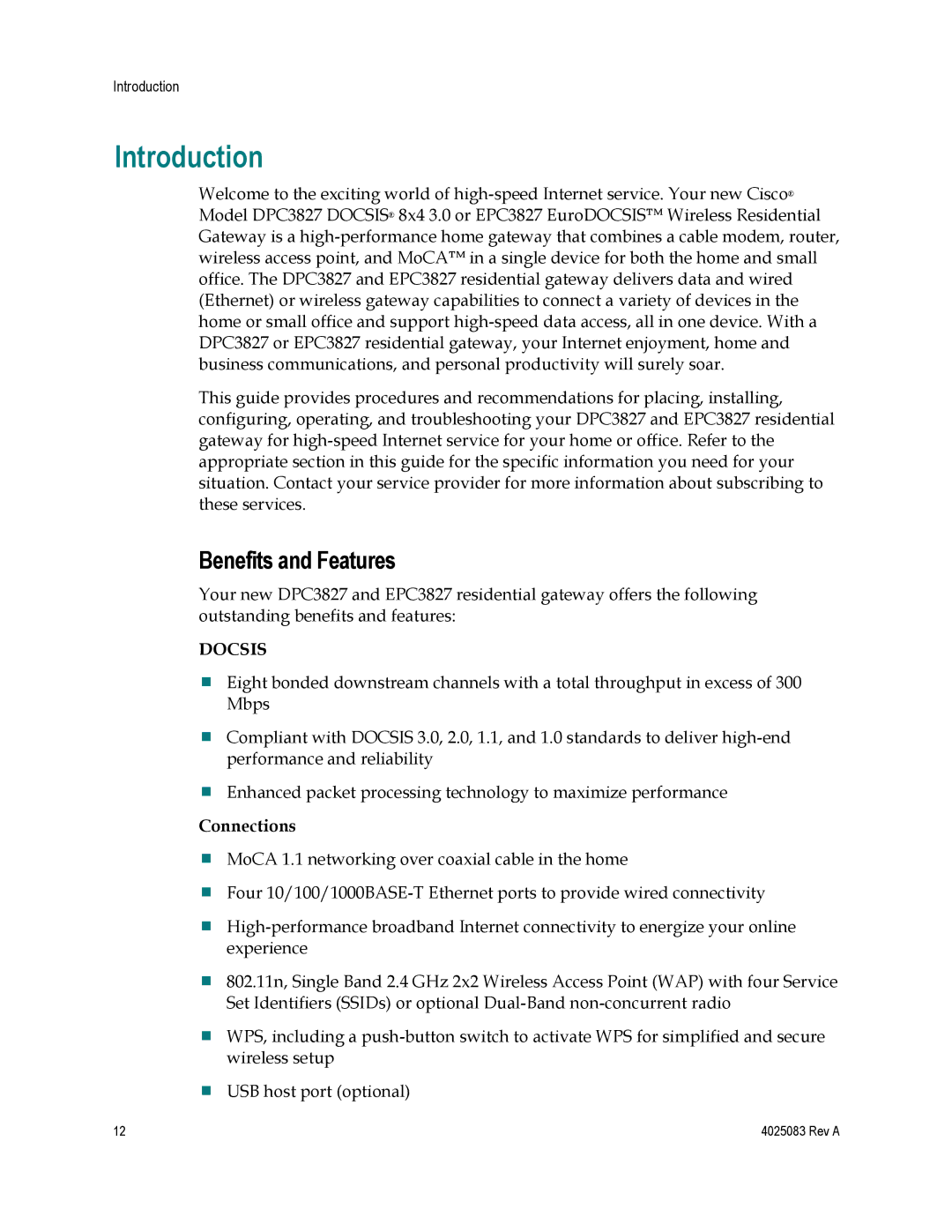 Cisco Systems EPC3827, DPC3827, 4039760 important safety instructions Introduction, Benefits and Features 