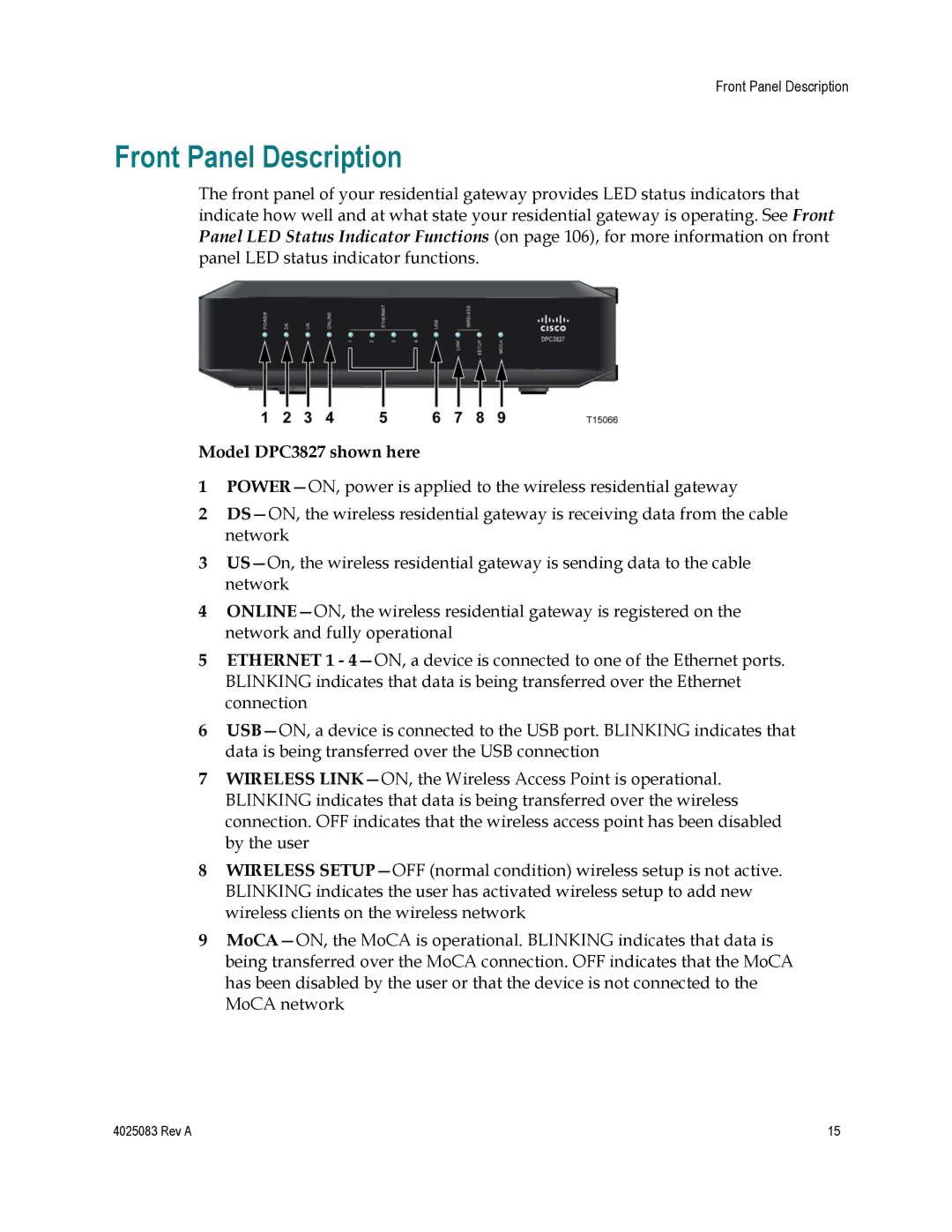 Cisco Systems EPC3827, 4039760 important safety instructions Front Panel Description, Model DPC3827 shown here 