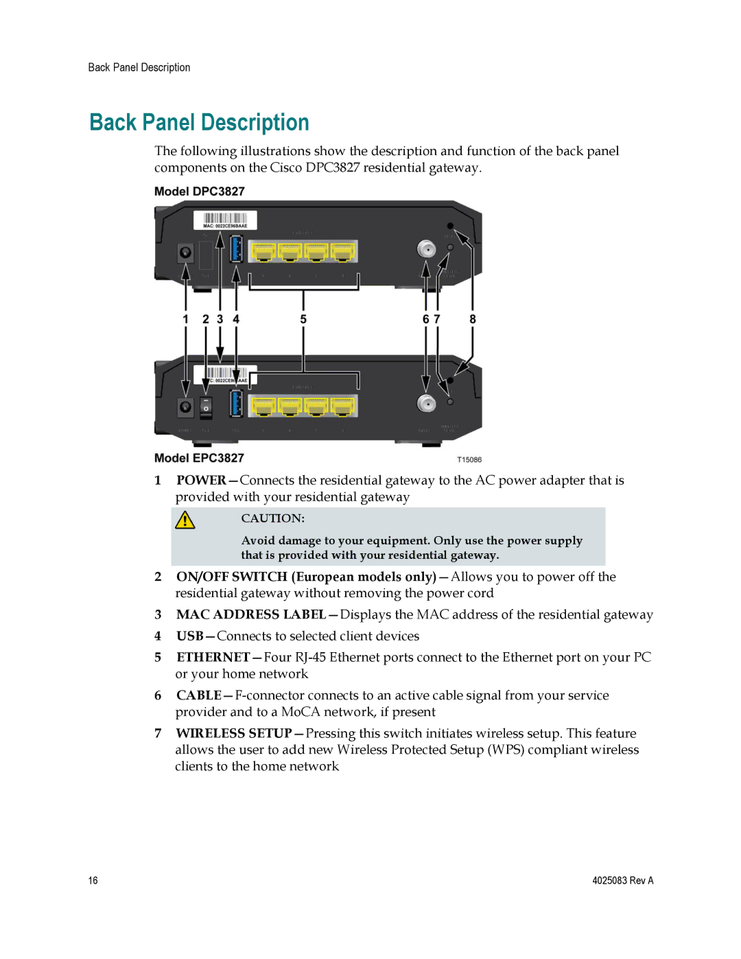 Cisco Systems DPC3827, EPC3827, 4039760 important safety instructions Back Panel Description 