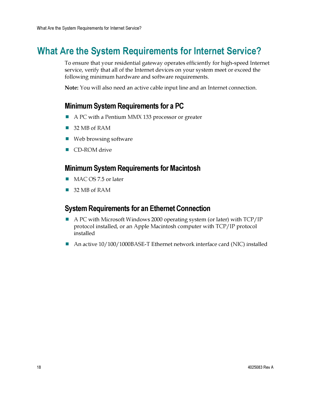 Cisco Systems EPC3827 What Are the System Requirements for Internet Service?, Minimum System Requirements for a PC 