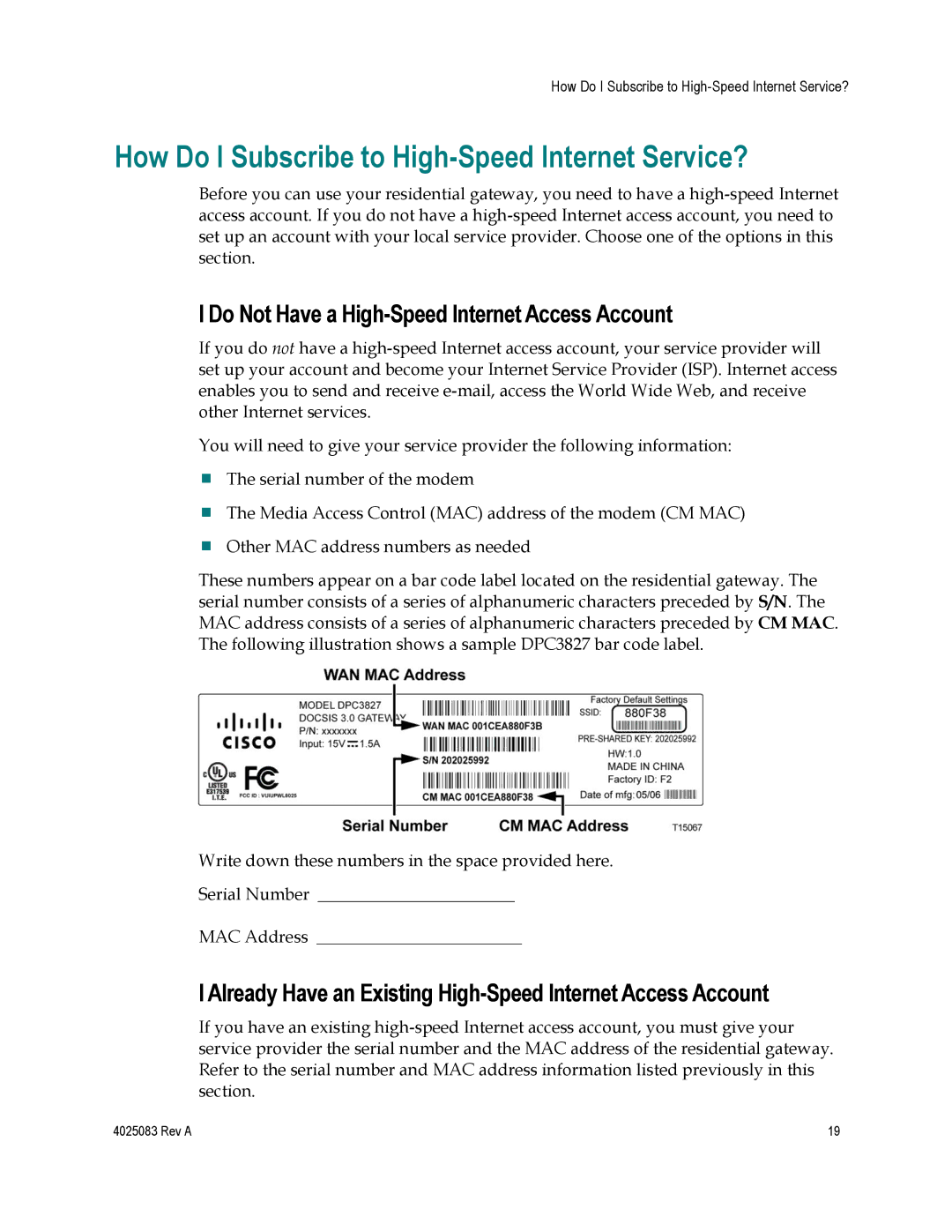 Cisco Systems DPC3827 How Do I Subscribe to High-Speed Internet Service?, Do Not Have a High-Speed Internet Access Account 