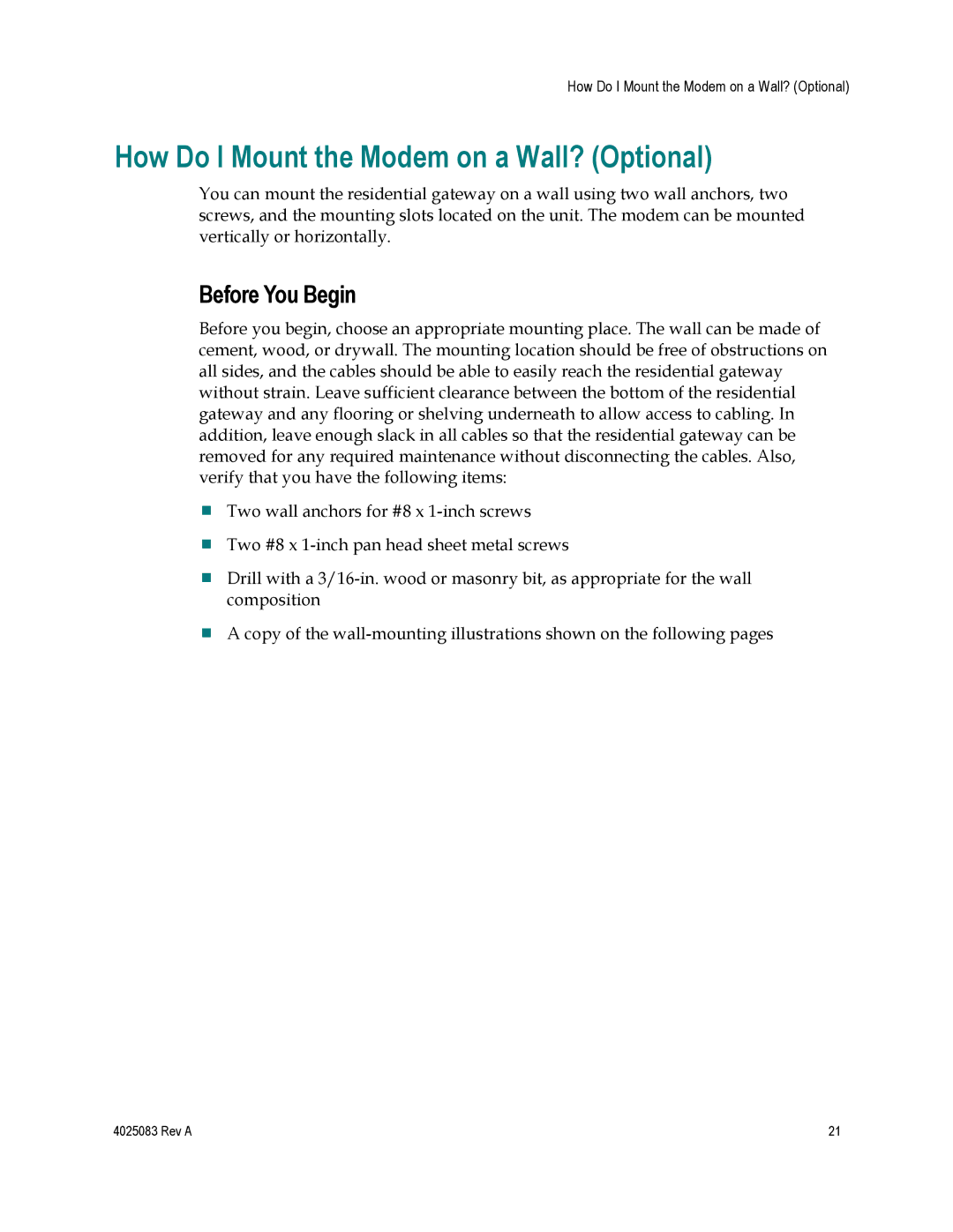 Cisco Systems EPC3827, DPC3827, 4039760 How Do I Mount the Modem on a Wall? Optional, Before You Begin 