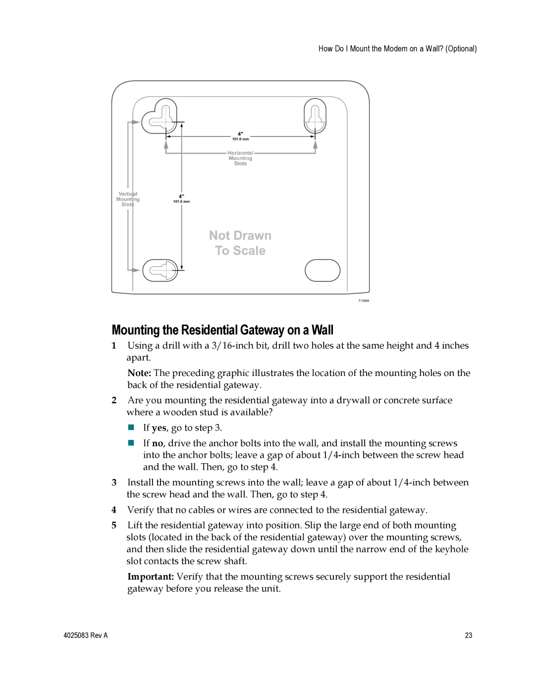 Cisco Systems 4039760, EPC3827, DPC3827 important safety instructions Mounting the Residential Gateway on a Wall 