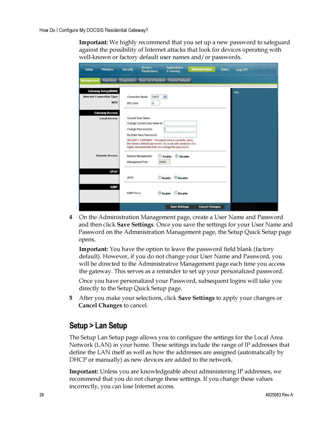 Cisco Systems DPC3827, EPC3827, 4039760 important safety instructions Setup Lan Setup 