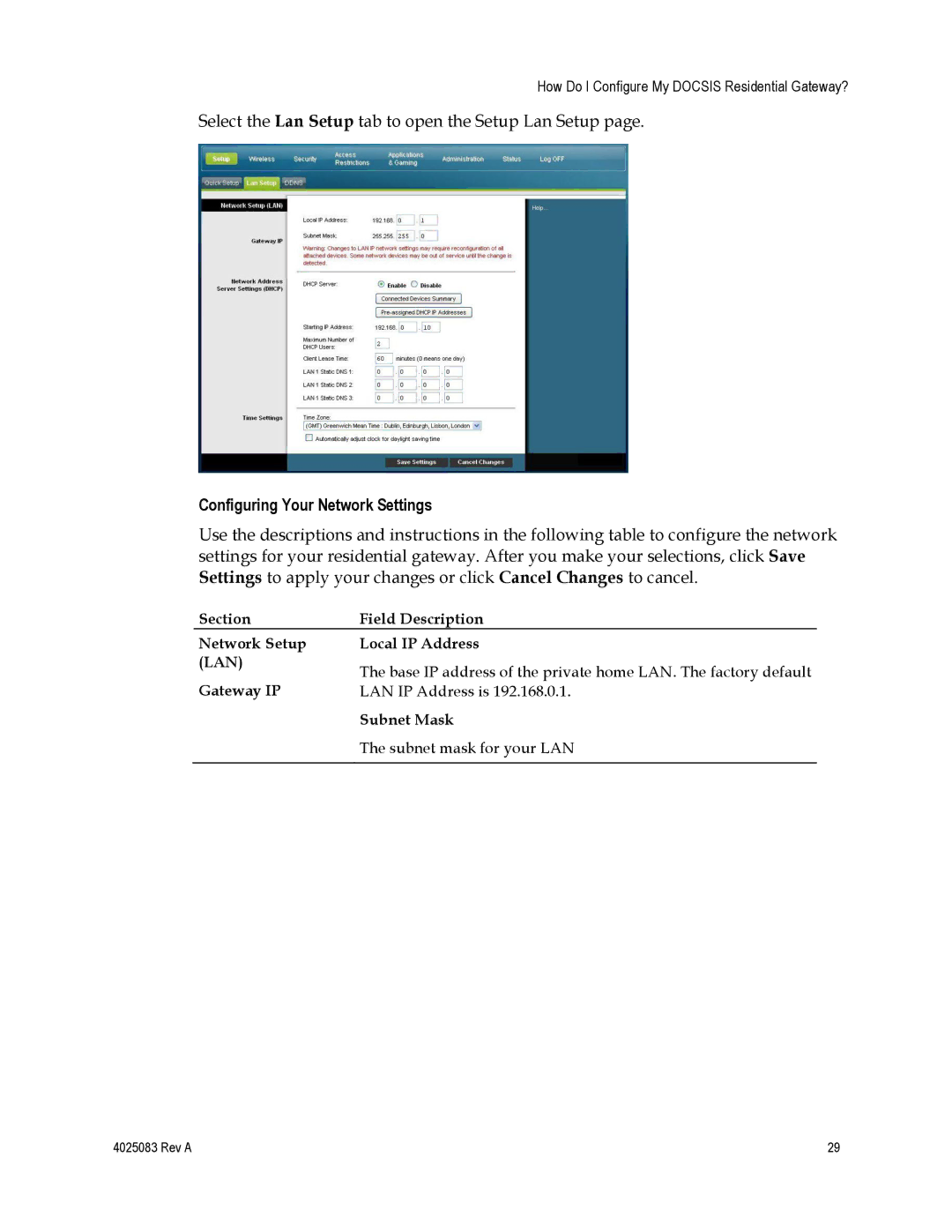 Cisco Systems 4039760, EPC3827, DPC3827 important safety instructions Configuring Your Network Settings, Lan 