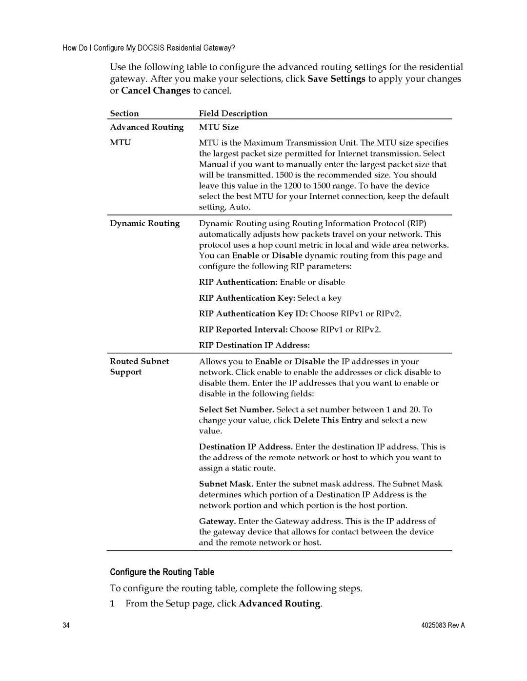 Cisco Systems DPC3827, EPC3827, 4039760 important safety instructions Configure the Routing Table, Mtu 