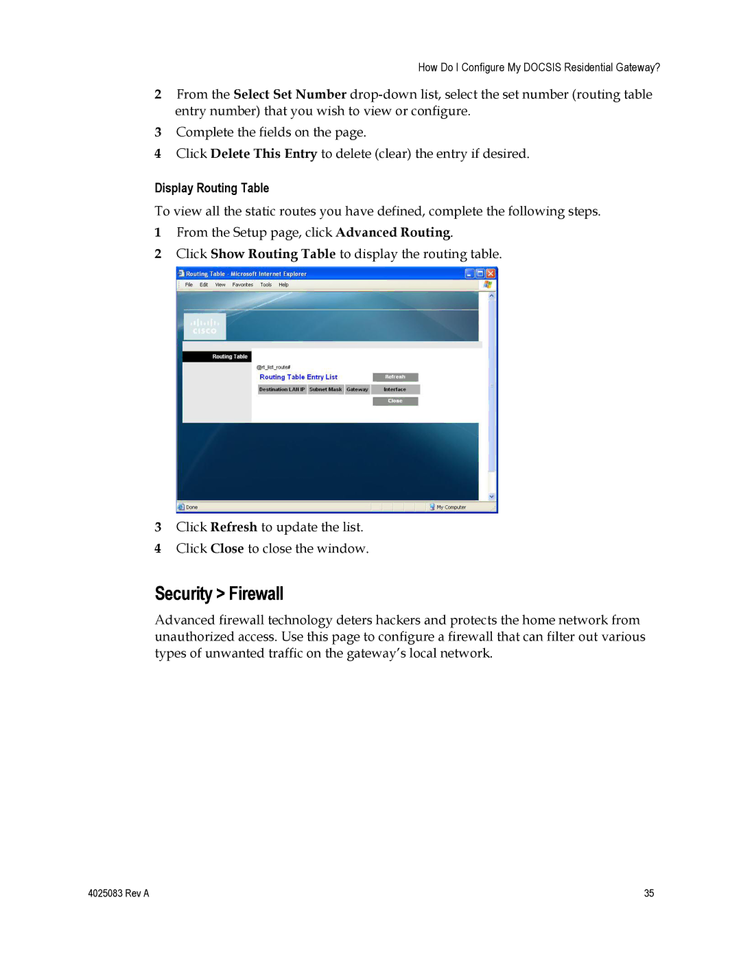 Cisco Systems 4039760, EPC3827, DPC3827 important safety instructions Security Firewall, Display Routing Table 