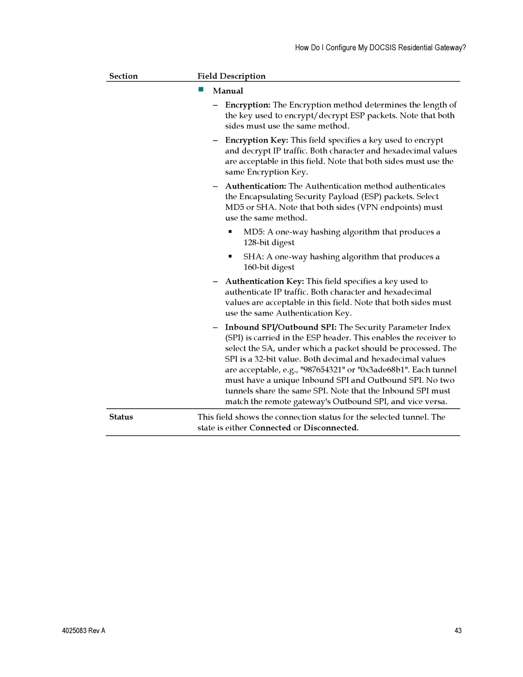 Cisco Systems DPC3827, EPC3827 Section Field Description  Manual, Status, State is either Connected or Disconnected 