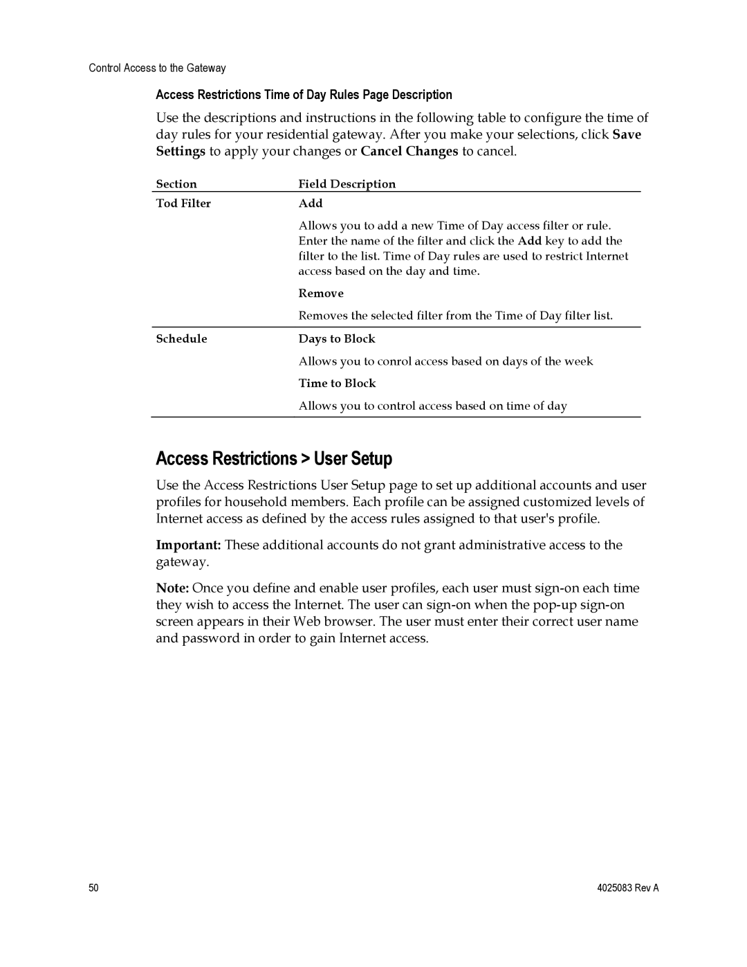 Cisco Systems 4039760, EPC3827 Access Restrictions User Setup, Access Restrictions Time of Day Rules Page Description 