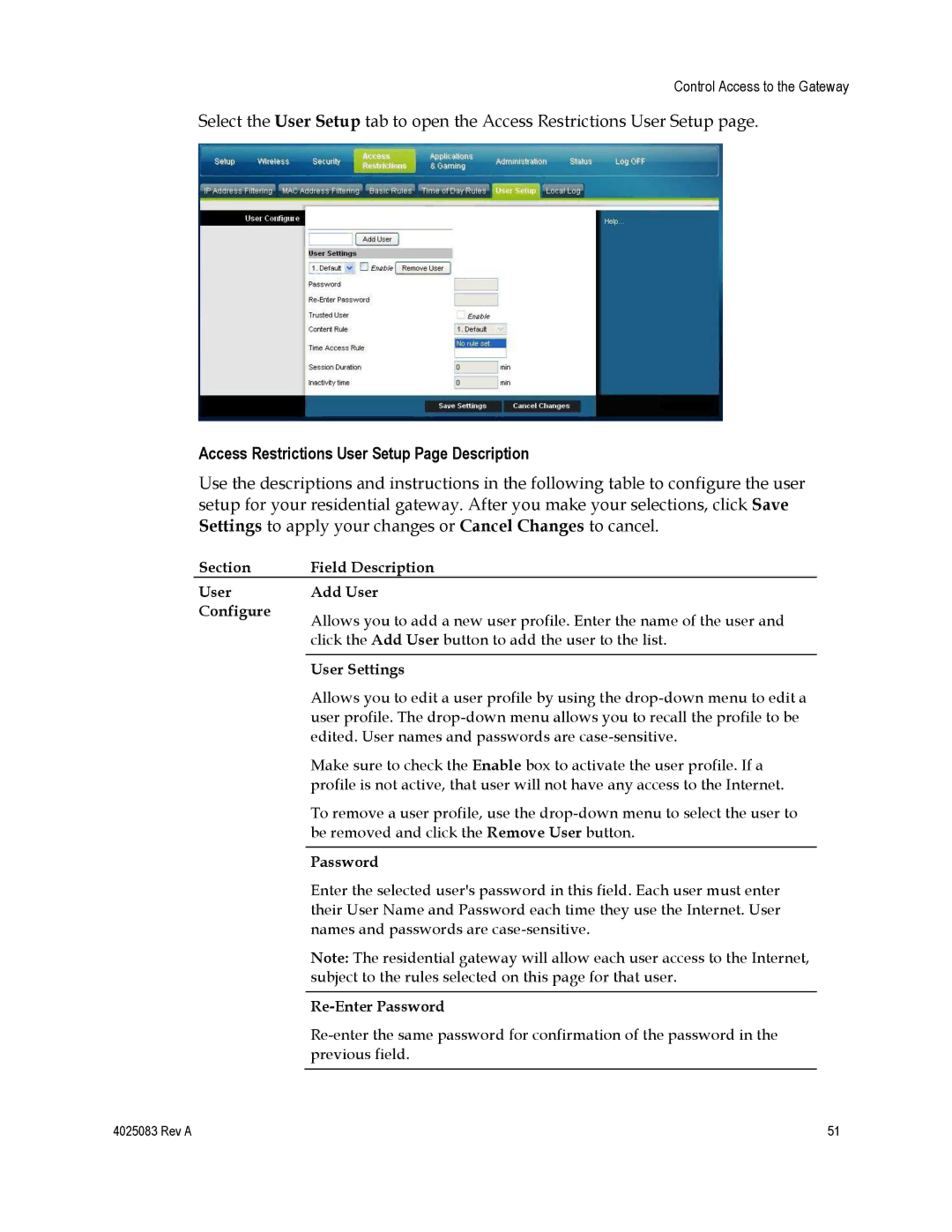 Cisco Systems EPC3827 Access Restrictions User Setup Page Description, Section Field Description User Add User Configure 