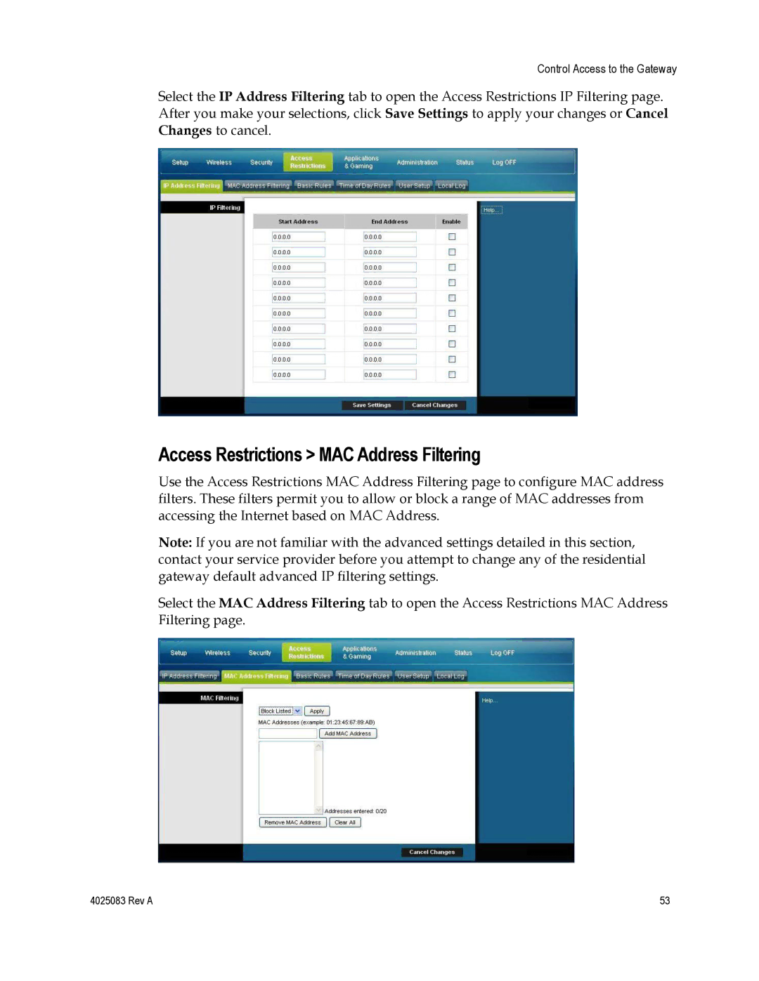 Cisco Systems 4039760, EPC3827, DPC3827 important safety instructions Access Restrictions MAC Address Filtering 