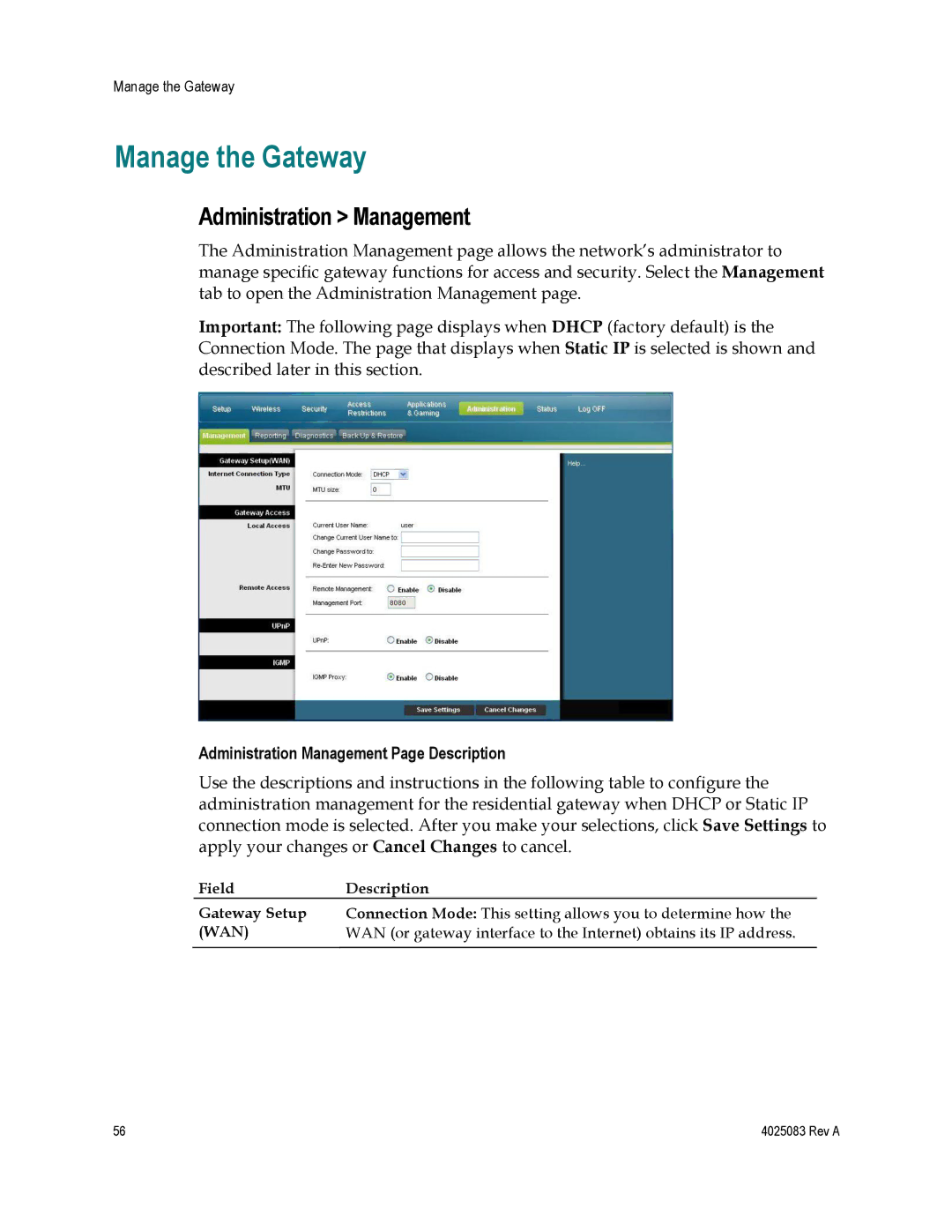 Cisco Systems 4039760, EPC3827, DPC3827 Manage the Gateway, Administration Management Page Description, Wan 