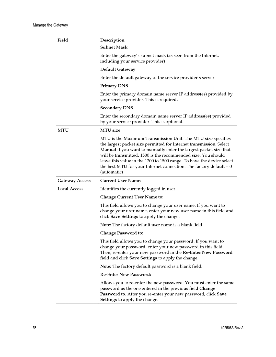 Cisco Systems DPC3827 Field Description Subnet Mask, Default Gateway, Primary DNS, Secondary DNS, Change Password to 