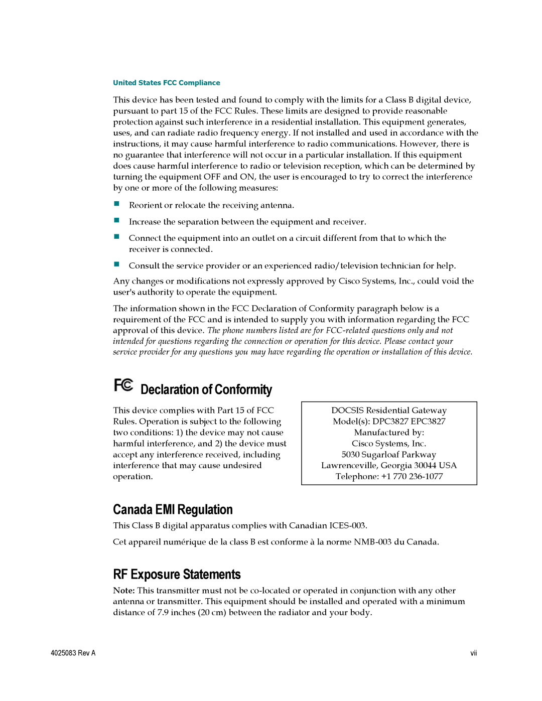 Cisco Systems DPC3827, EPC3827, 4039760 Declaration of Conformity, Canada EMI Regulation, RF Exposure Statements 