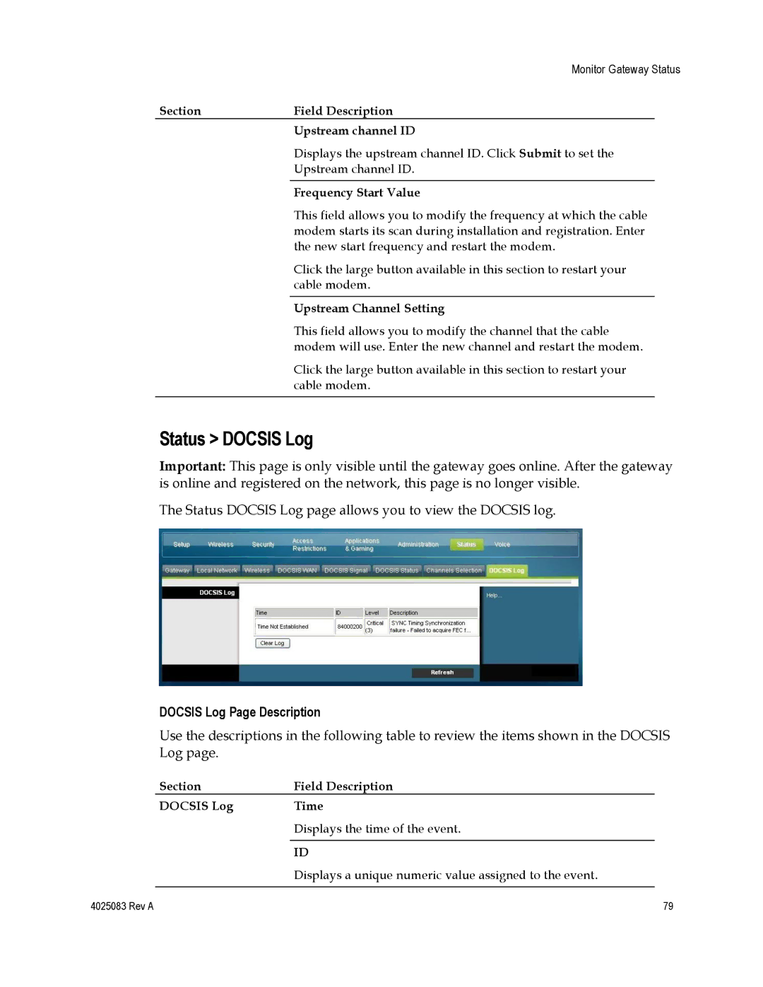 Cisco Systems DPC3827 Status Docsis Log, Docsis Log Page Description, Section Field Description Upstream channel ID 