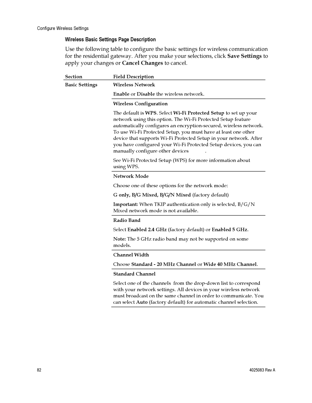 Cisco Systems DPC3827 Wireless Basic Settings Page Description, Section Field Description Basic Settings Wireless Network 