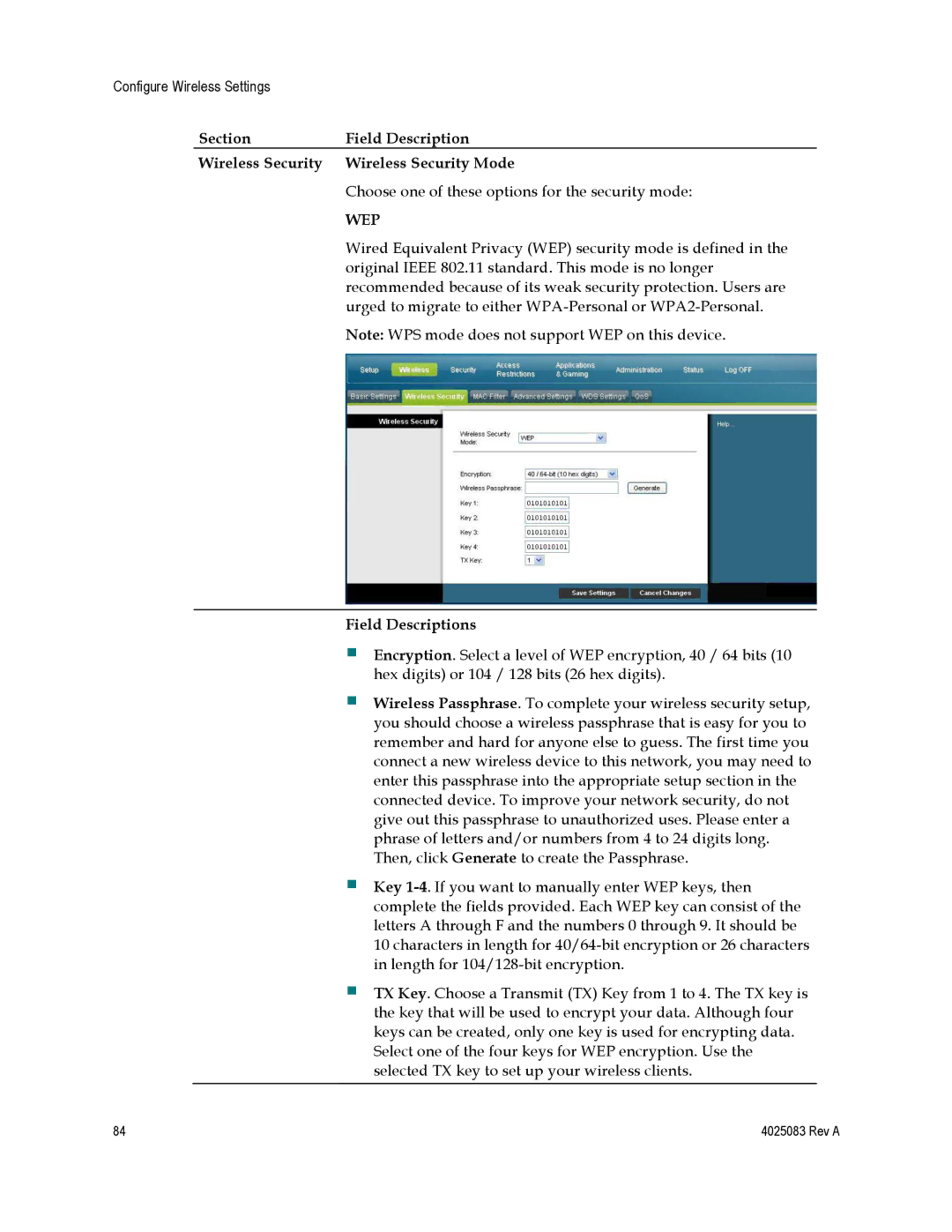 Cisco Systems EPC3827, DPC3827, 4039760 important safety instructions Wep, Field Descriptions 