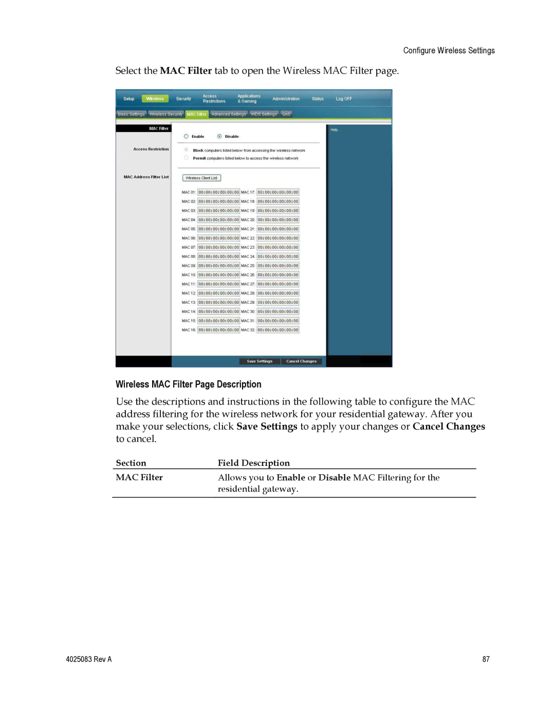 Cisco Systems EPC3827, DPC3827, 4039760 important safety instructions Wireless MAC Filter Page Description 