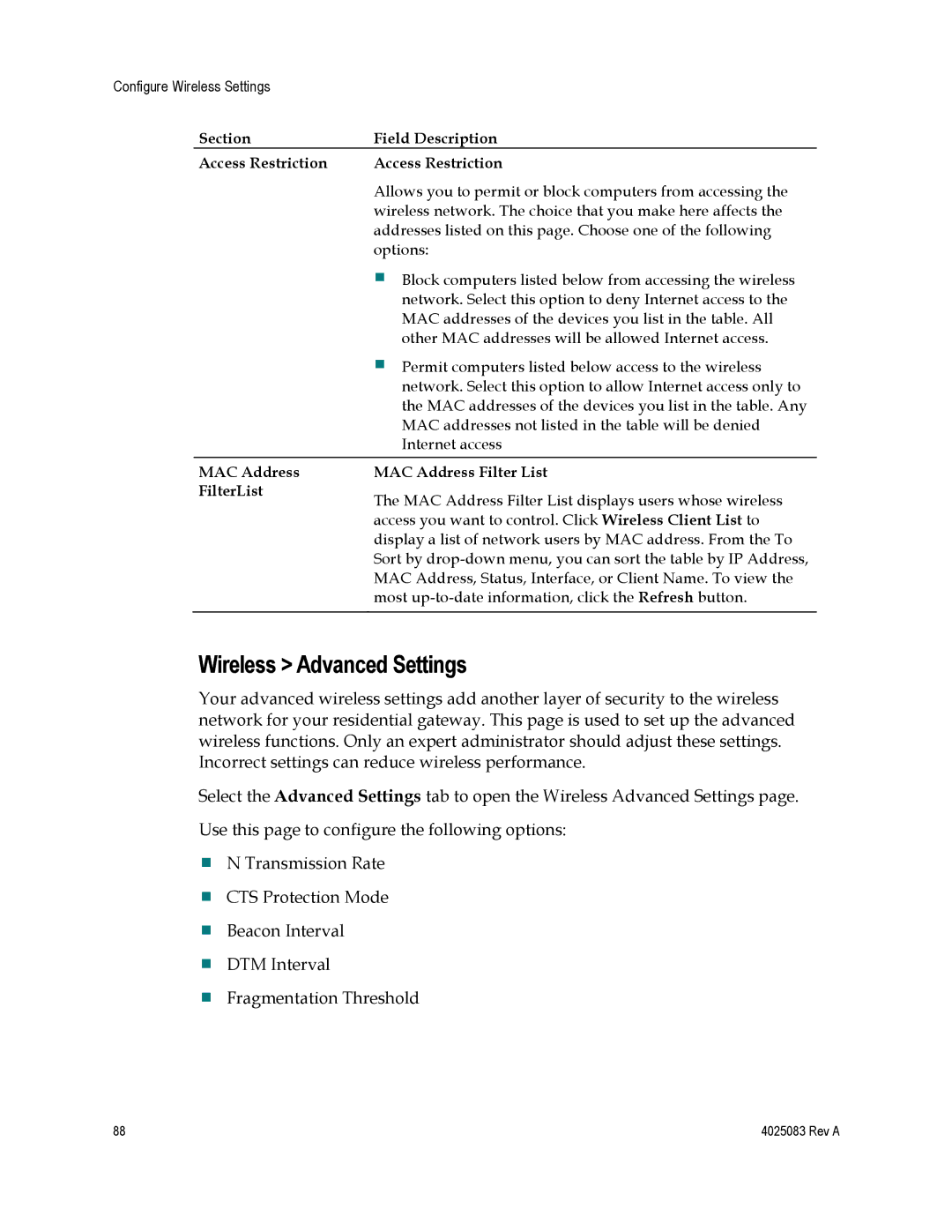 Cisco Systems DPC3827, EPC3827, 4039760 Wireless Advanced Settings, Section Field Description Access Restriction 