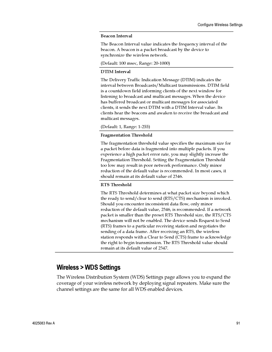 Cisco Systems DPC3827 Wireless WDS Settings, Beacon Interval, Dtim Interval, Fragmentation Threshold, RTS Threshold 