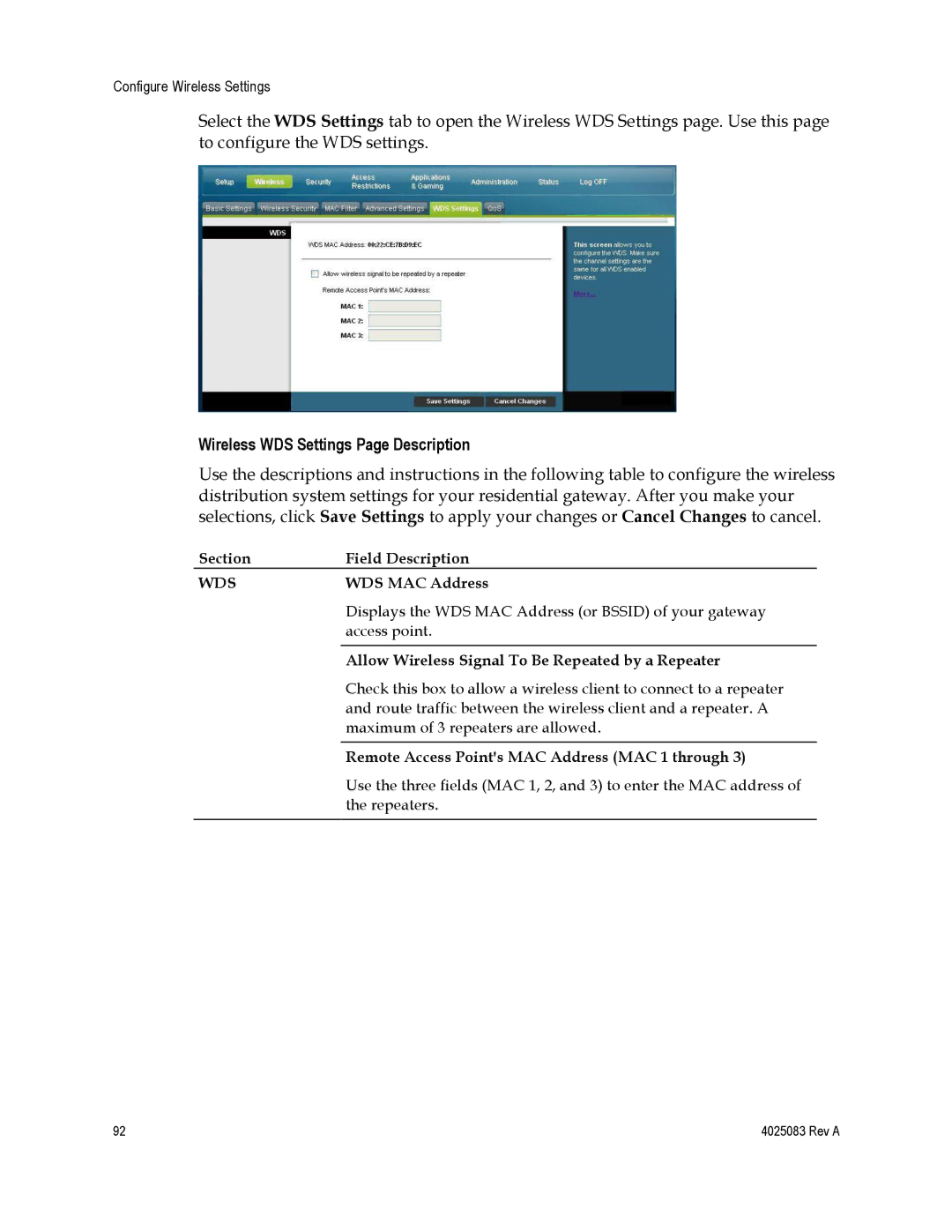 Cisco Systems 4039760, EPC3827, DPC3827 Wireless WDS Settings Page Description, Wds, WDS MAC Address 