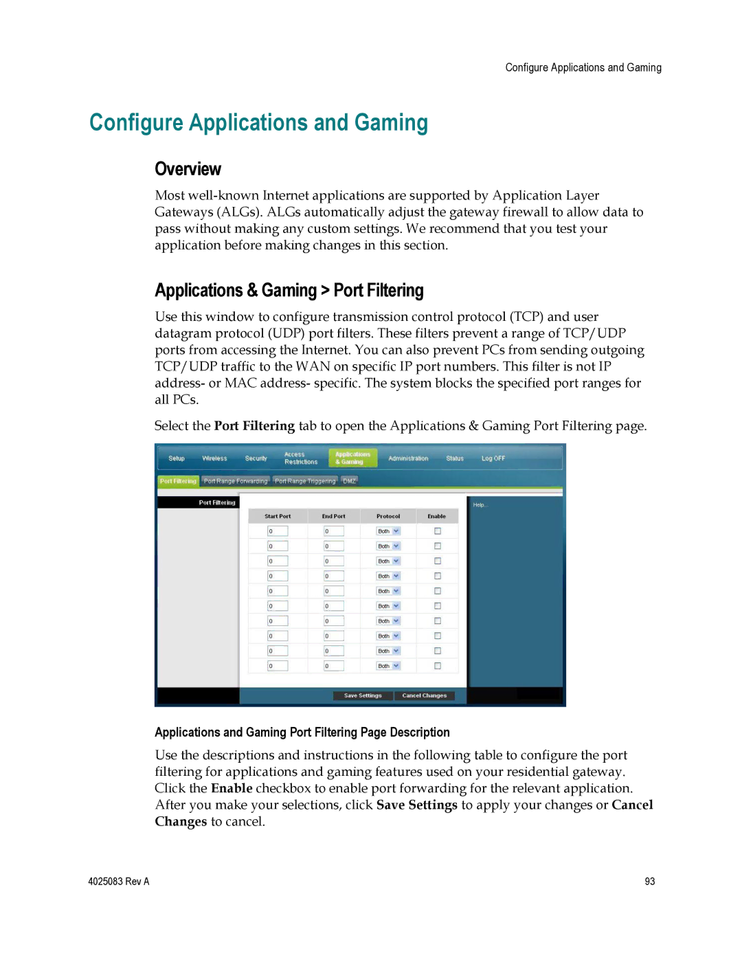 Cisco Systems EPC3827, DPC3827, 4039760 Configure Applications and Gaming, Overview, Applications & Gaming Port Filtering 