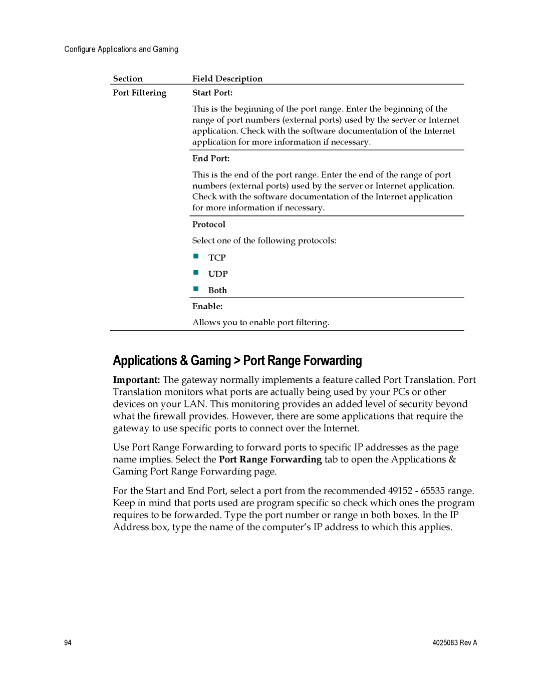 Cisco Systems DPC3827 Applications & Gaming Port Range Forwarding, Section Field Description Port Filtering Start Port 