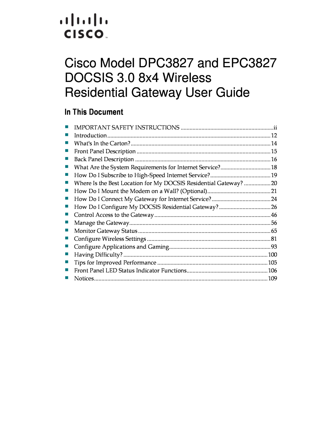 Cisco Systems DPC3827, EPC3827 important safety instructions In This Document,                     