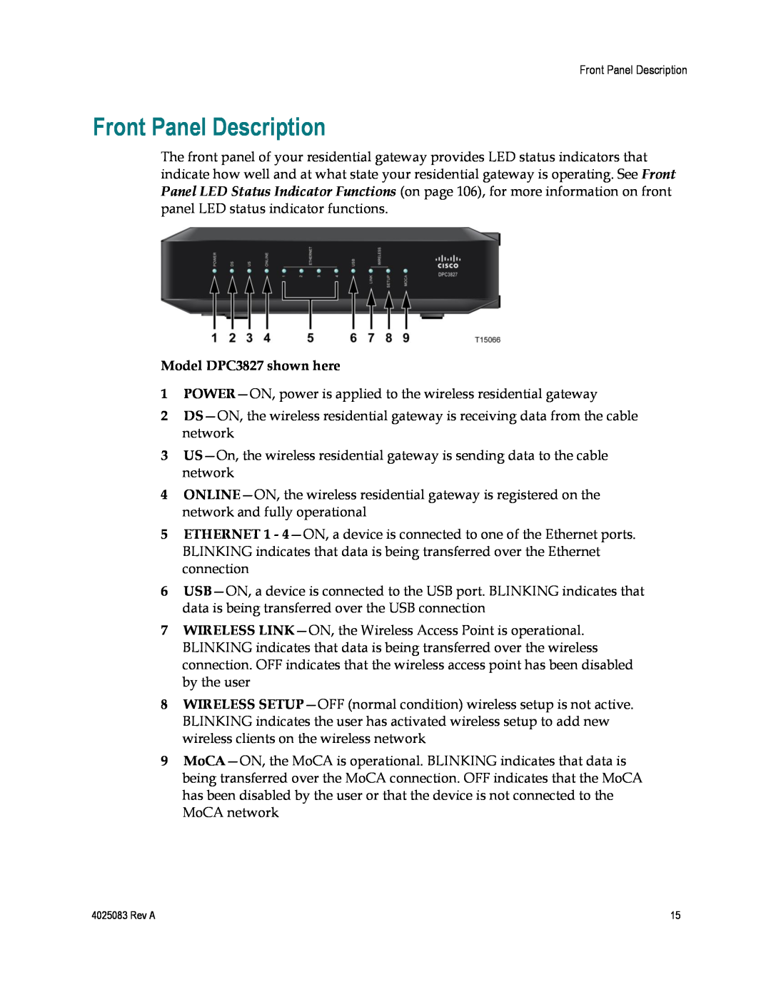 Cisco Systems EPC3827, 4039760 important safety instructions Front Panel Description, Model DPC3827 shown here 