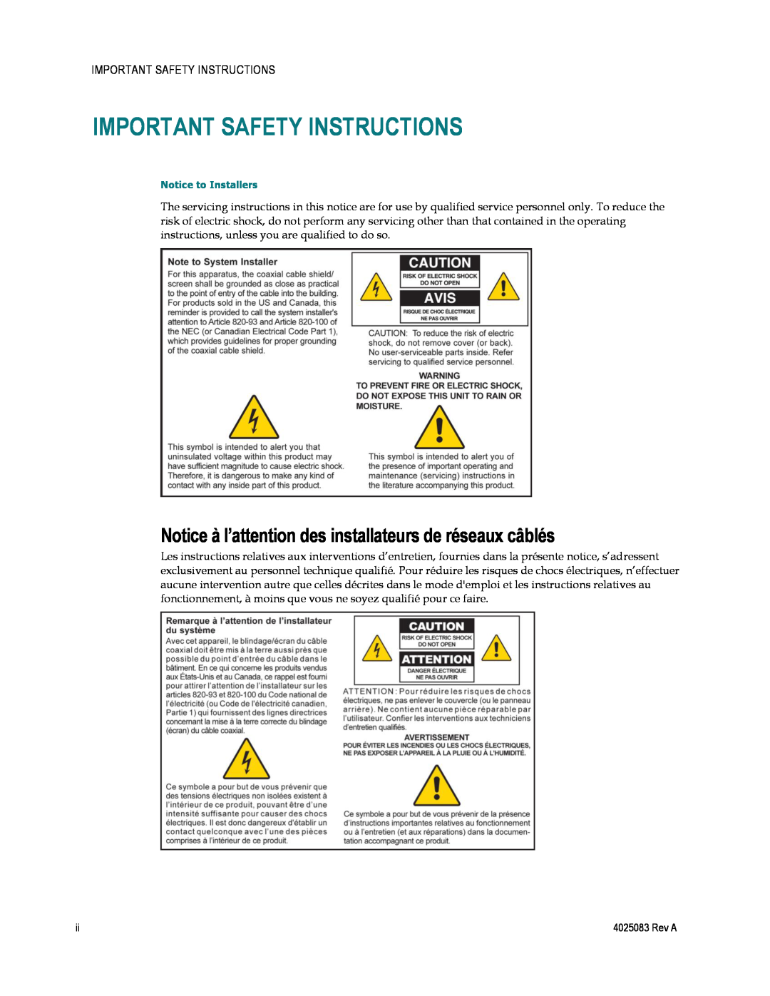 Cisco Systems 4039760, EPC3827 Important Safety Instructions, Notice à l’attention des installateurs de réseaux câblés 