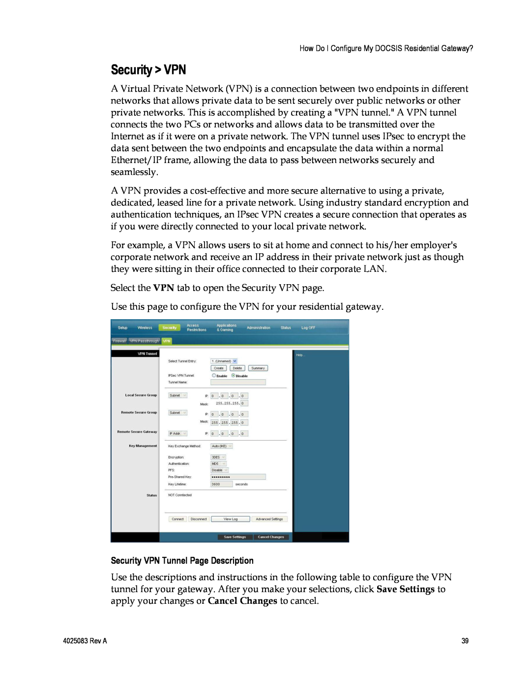Cisco Systems EPC3827, DPC3827, 4039760 important safety instructions Security VPN Tunnel Page Description 
