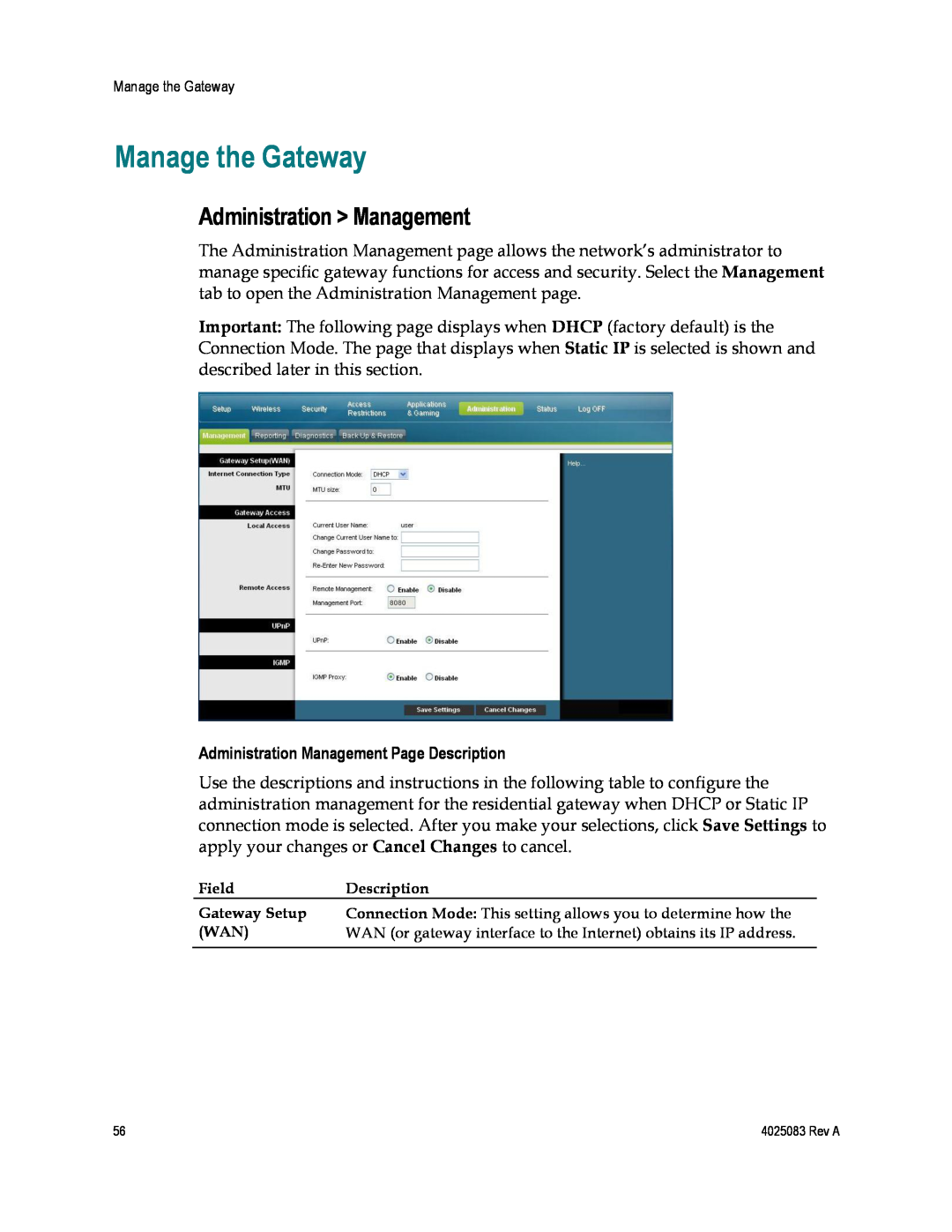 Cisco Systems 4039760, EPC3827, DPC3827 Manage the Gateway, Administration Management Page Description 