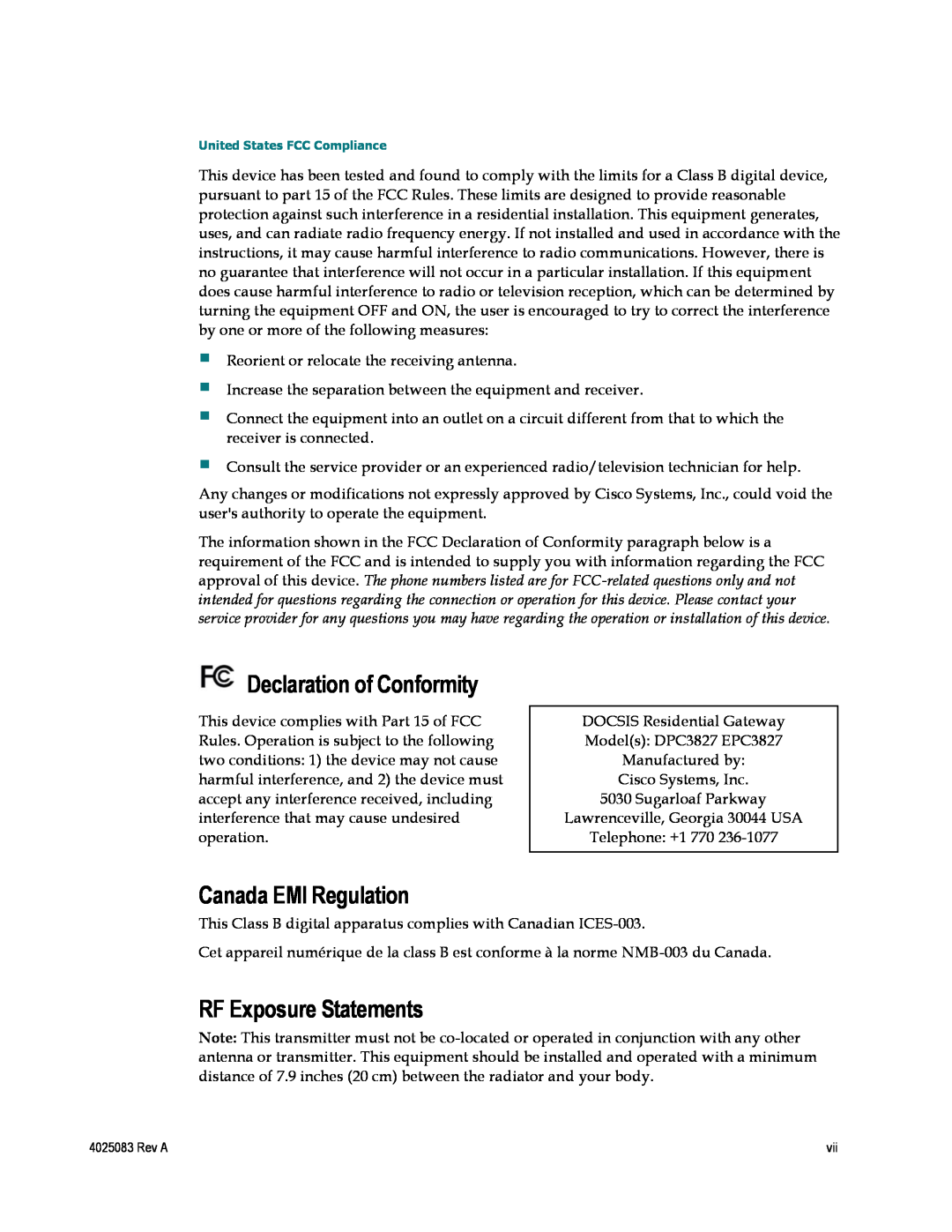 Cisco Systems DPC3827, EPC3827, 4039760 Declaration of Conformity, Canada EMI Regulation, RF Exposure Statements 
