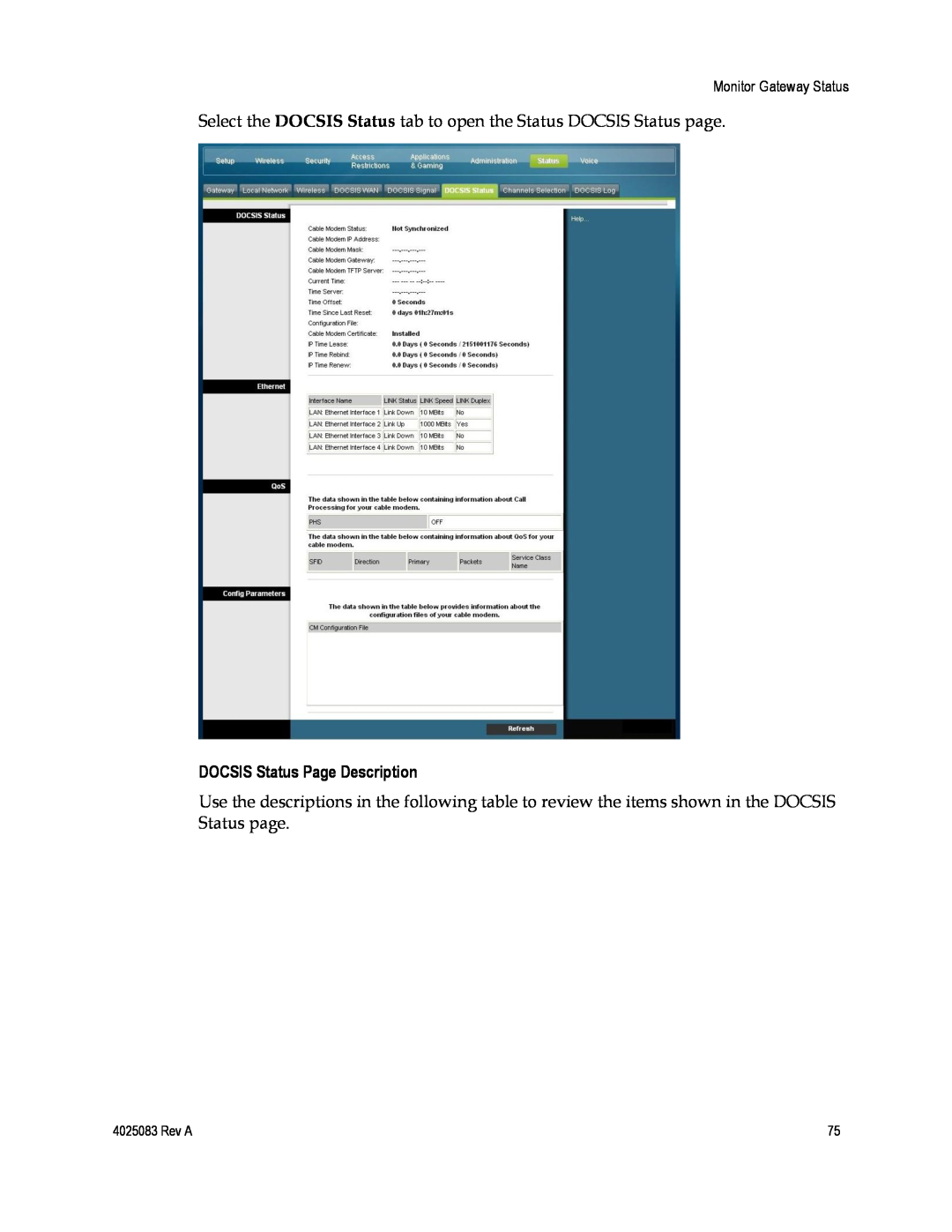 Cisco Systems EPC3827 DOCSIS Status Page Description, Select the DOCSIS Status tab to open the Status DOCSIS Status page 