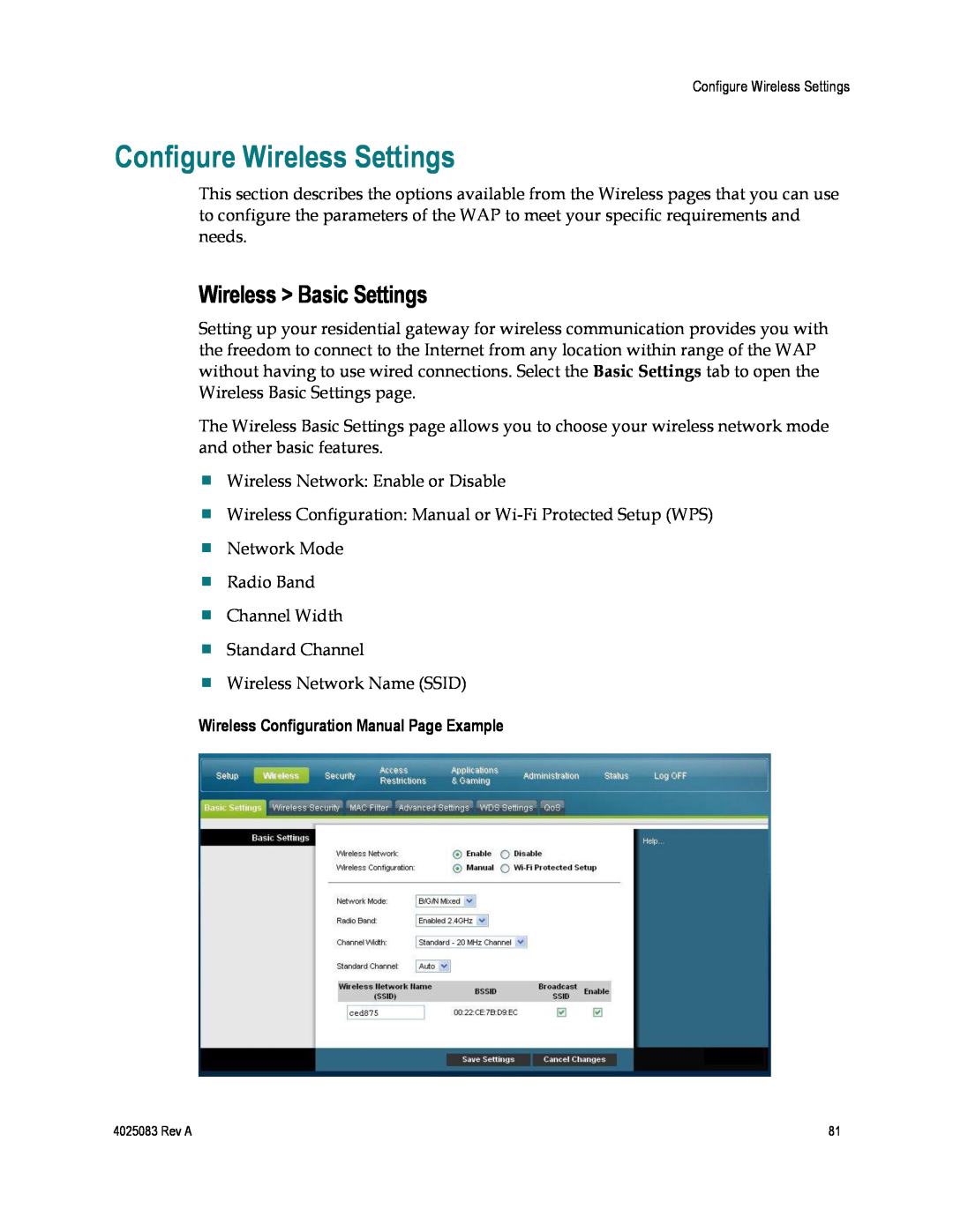 Cisco Systems EPC3827 Configure Wireless Settings, Wireless Basic Settings, Wireless Configuration Manual Page Example 