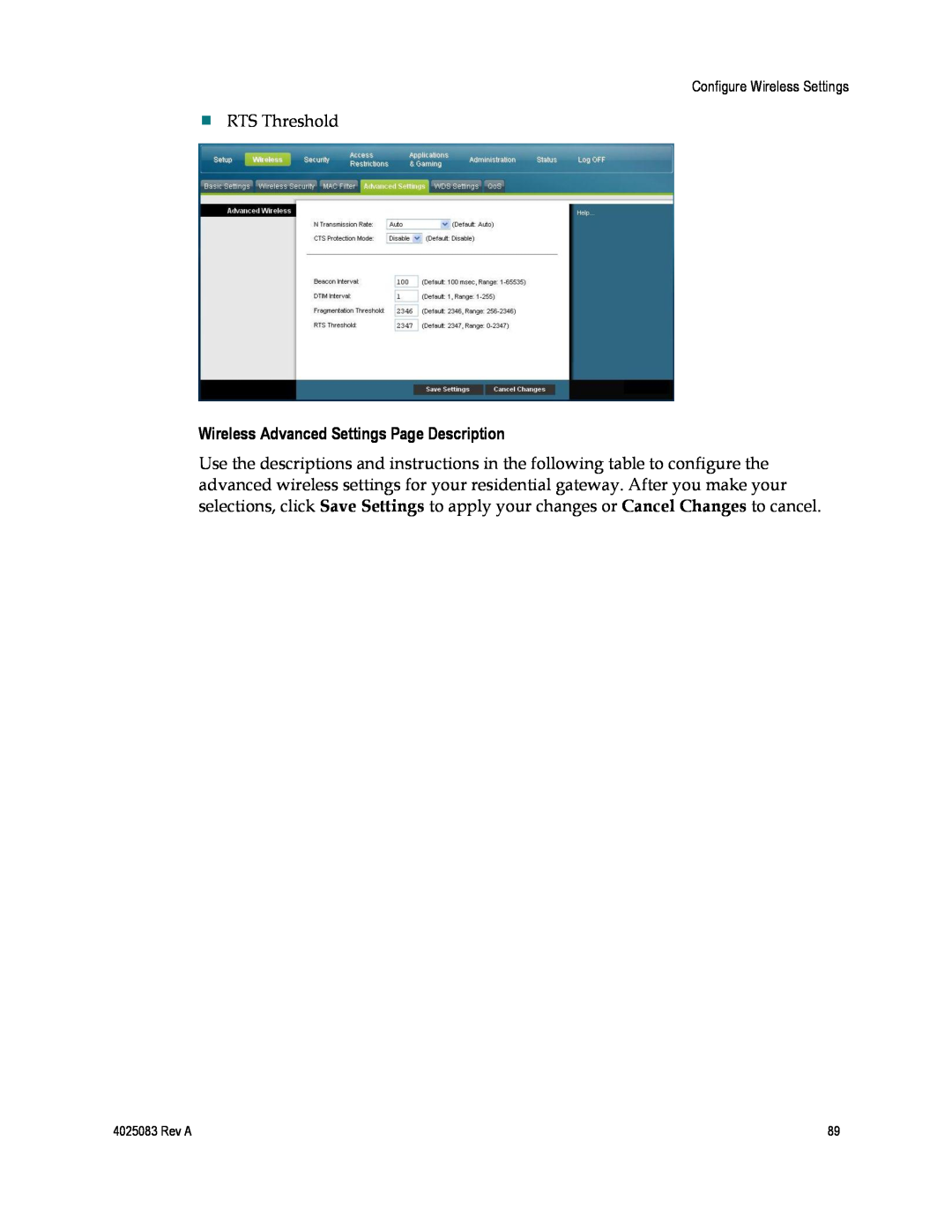 Cisco Systems 4039760, EPC3827, DPC3827 Wireless Advanced Settings Page Description,  RTS Threshold 