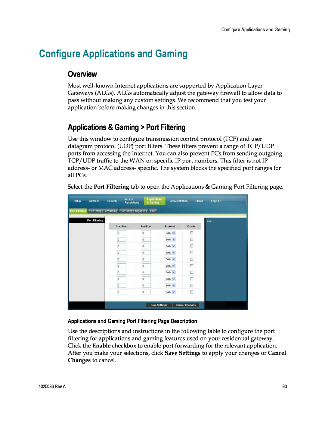 Cisco Systems EPC3827, DPC3827, 4039760 Configure Applications and Gaming, Overview, Applications & Gaming Port Filtering 